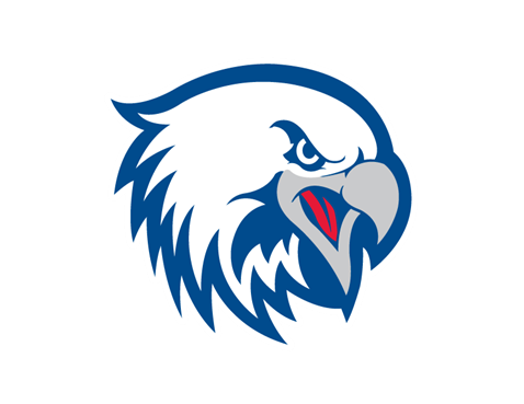 White illustrated eagle head with blue outline.